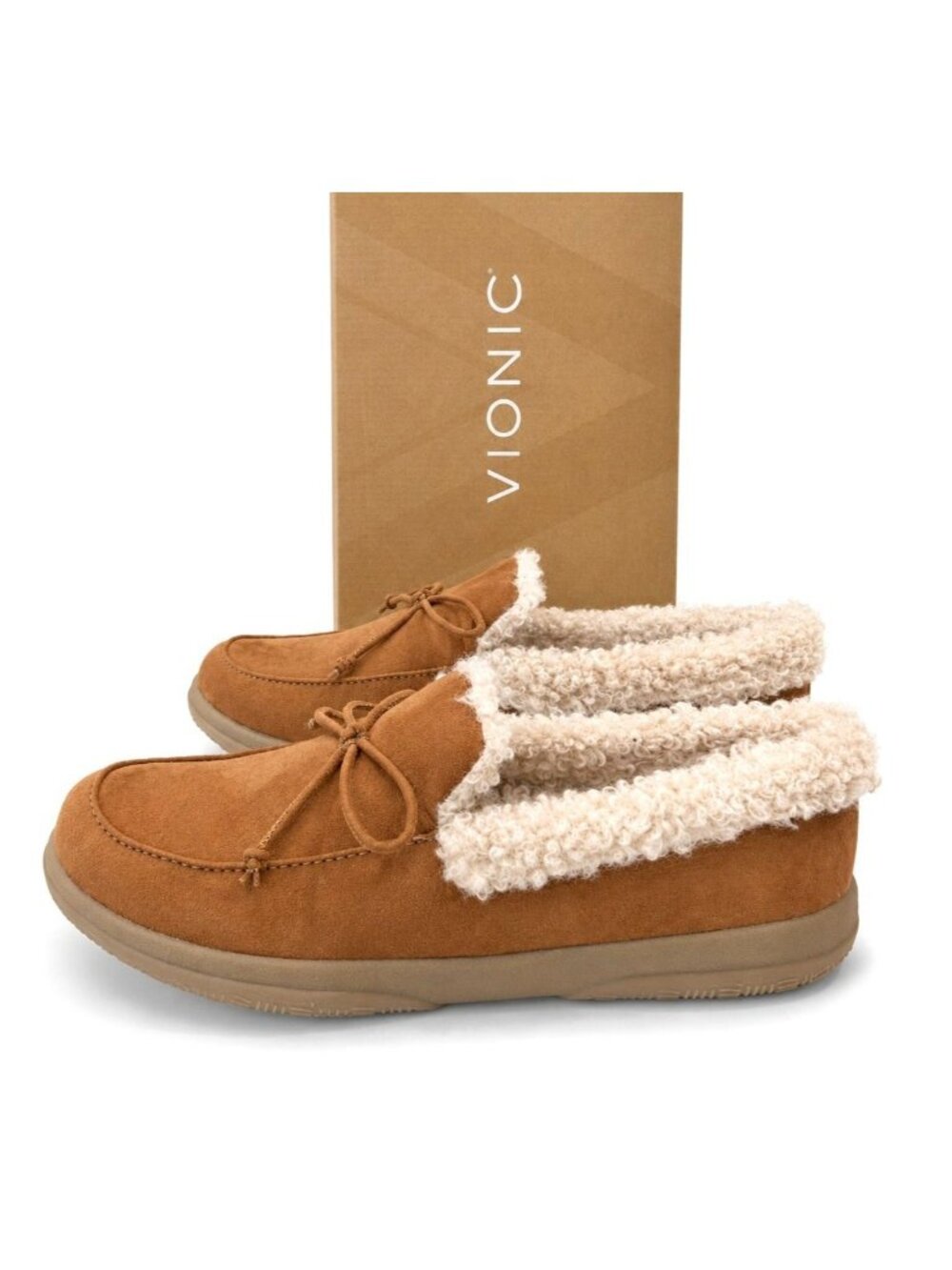 Vionic Claribel Shearling Tan Moccasin Slippers Womens 7 Orthotic Comfort